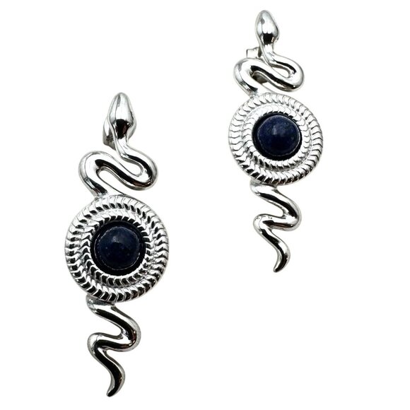 Blue Lapis Lazuli Silver Tone Snake Pierced Earrings Chandelier New 1.5 Inch - Picture 1 of 4